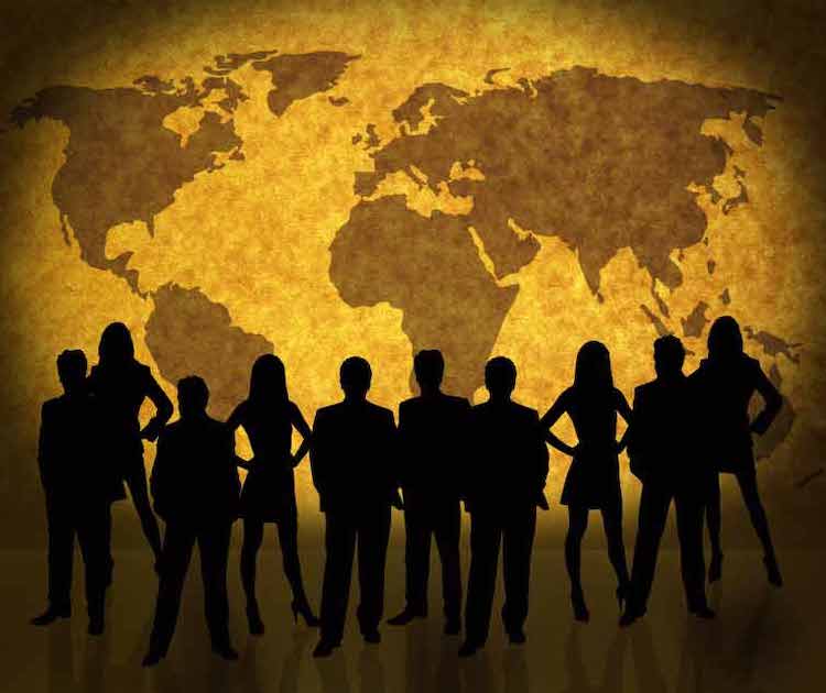 Business people and world map