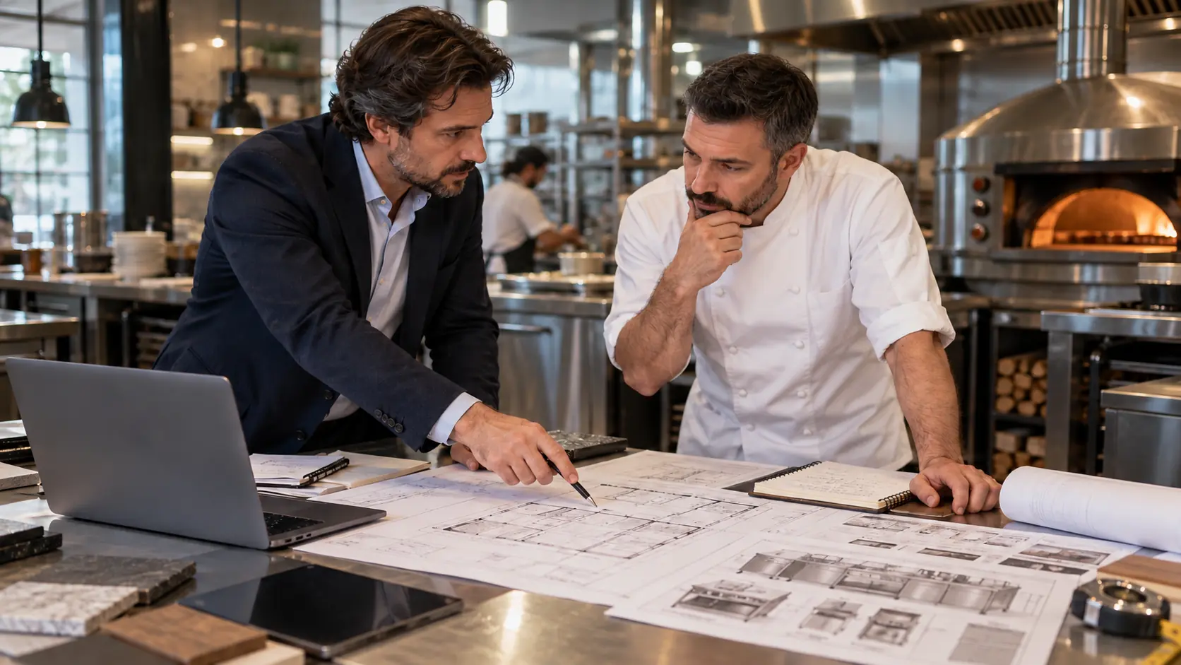 Pizza consultant and pizzeria owner reviewing kitchen plans for a new pizza business
