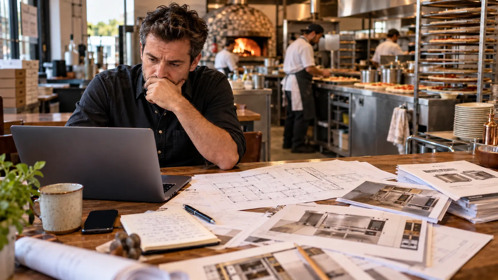 Pizzeria entrepreneur reviewing online advice and business plans before opening a pizza shop