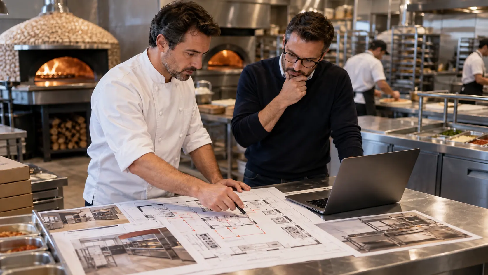 Pizza consultant and pizzeria owner reviewing a professional kitchen layout and workflow plan